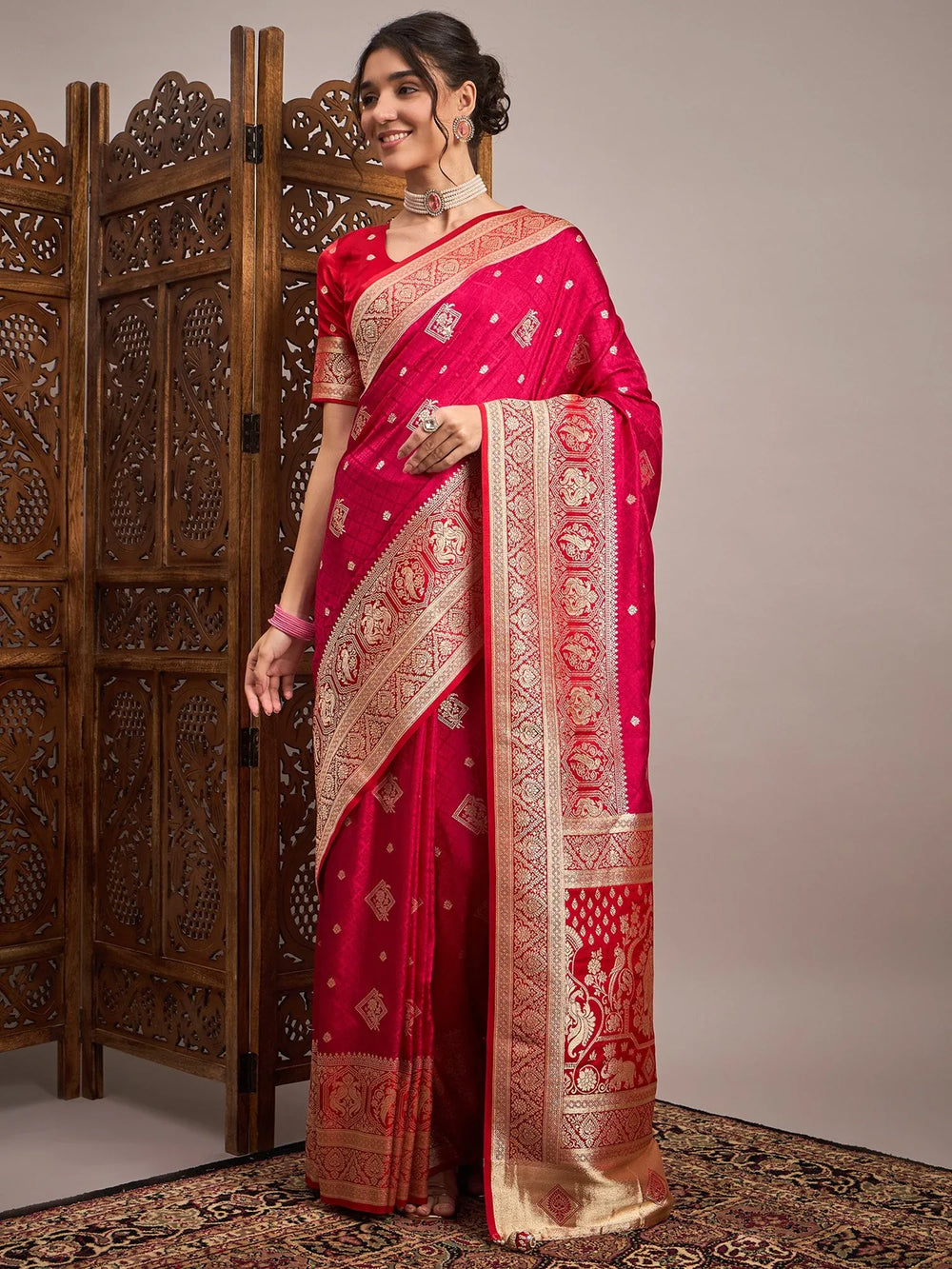 Pink Pink Banarasi Satin Silk Woven Saree