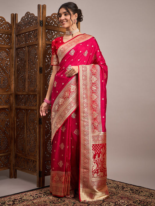 Pink Pink Banarasi Satin Silk Woven Saree