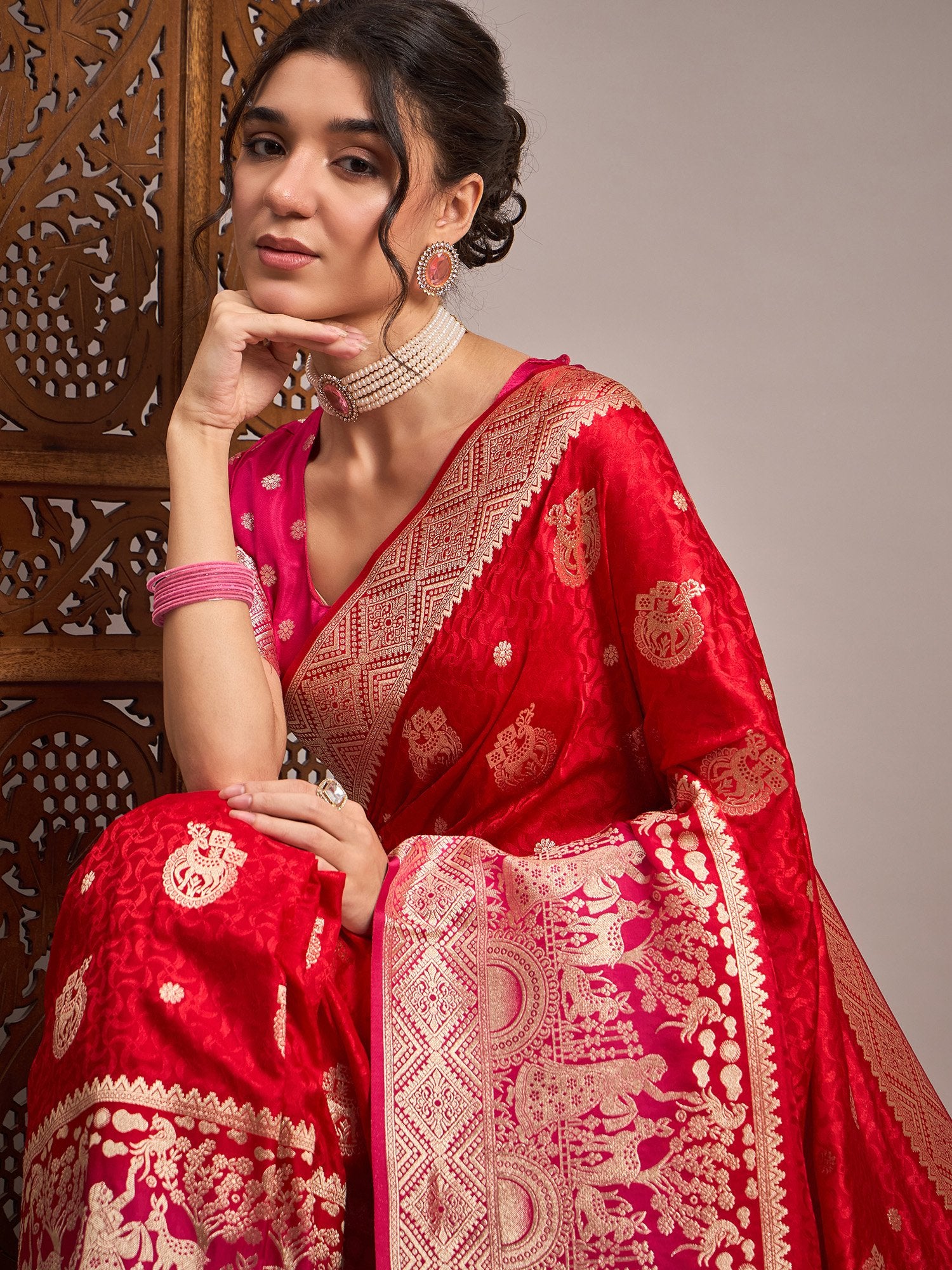 Red Red Banarasi Satin Silk Woven Saree