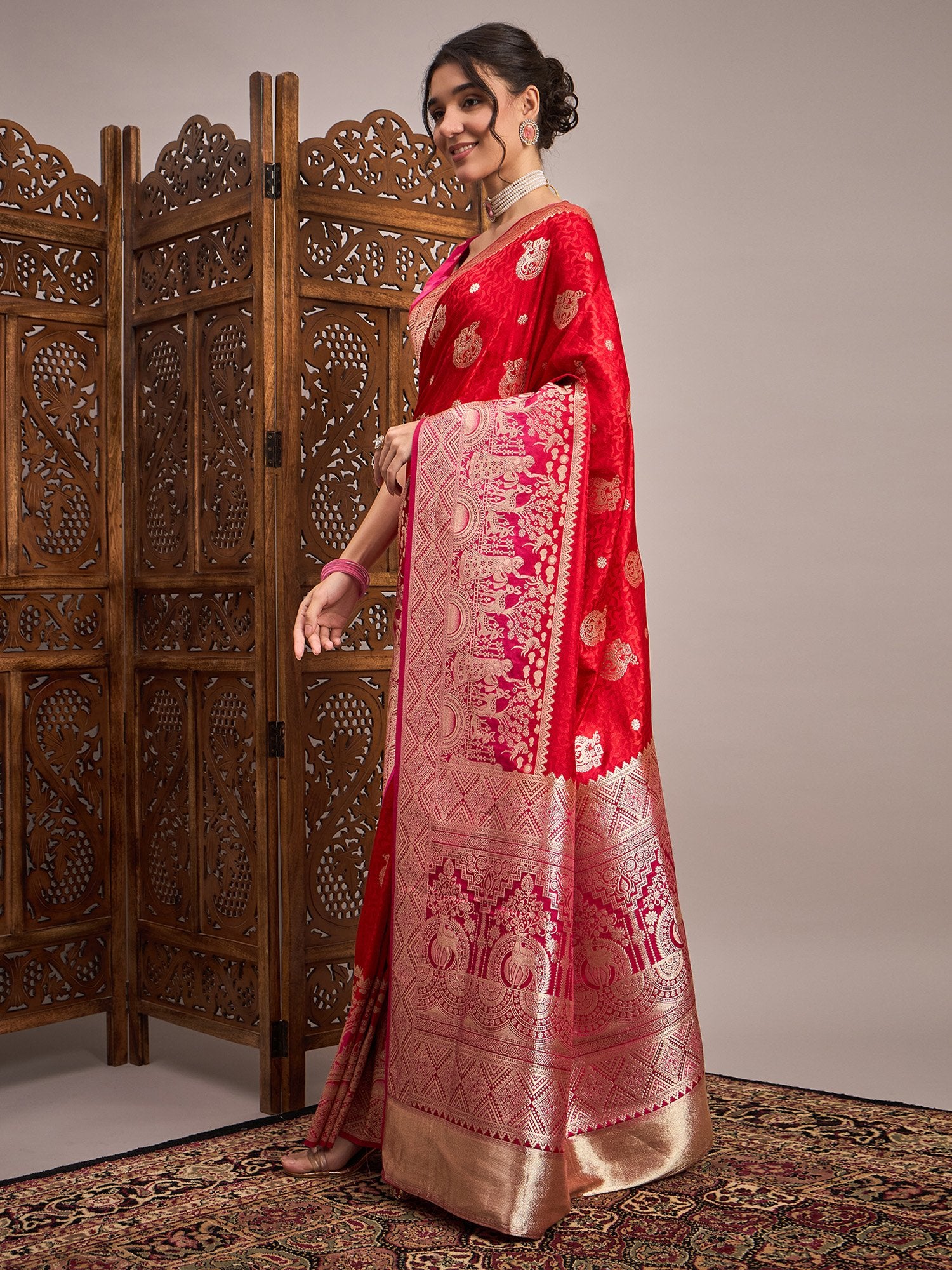 Red Banarasi Satin Silk Woven Saree