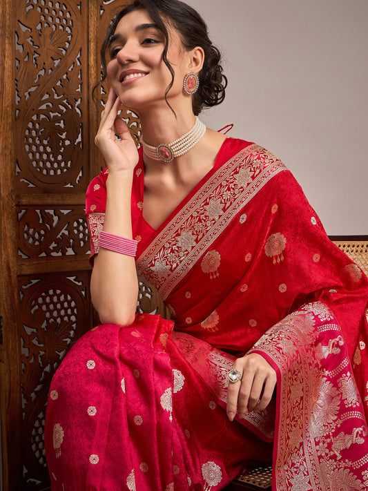 Red Red Banarasi Satin Silk Woven Saree