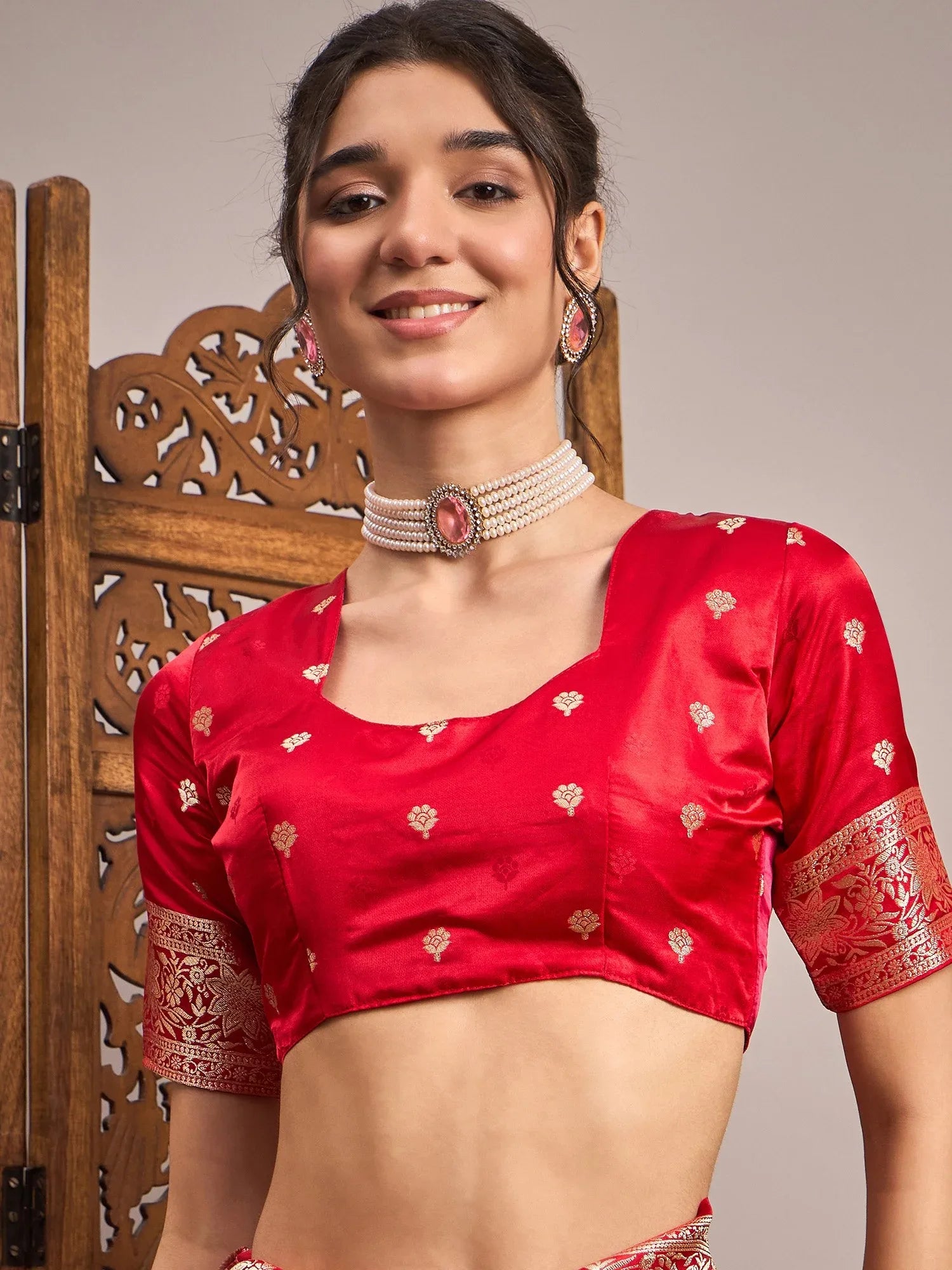 Red Banarasi Satin Silk Woven Saree