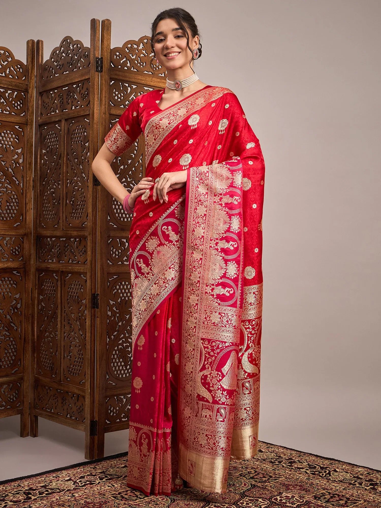 Red Banarasi Satin Silk Woven Saree