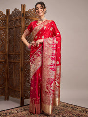 Red Banarasi Satin Silk Woven Saree