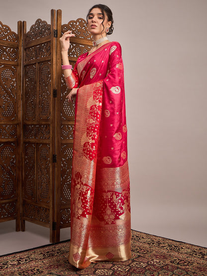 Pink Banarasi Satin Silk Woven Saree