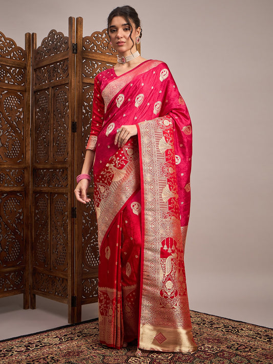 Pink Pink Banarasi Satin Silk Woven Saree