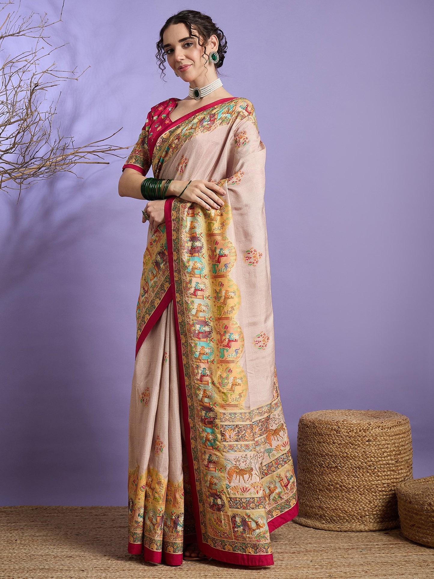 Beige Banarasi Dola Silk Embellished Saree