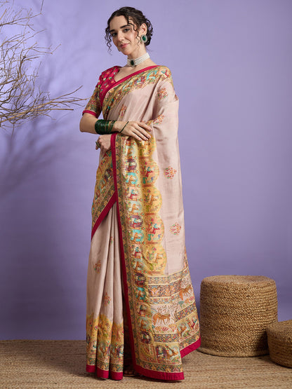 Beige Banarasi Dola Silk Embellished Saree