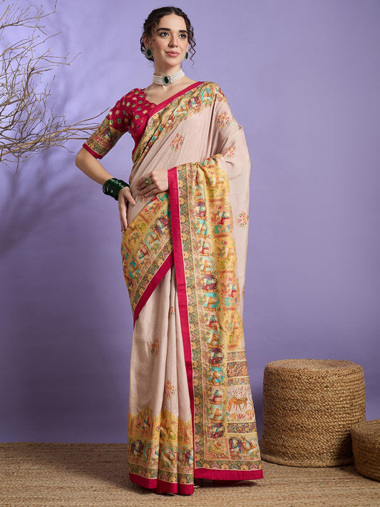 Cream Beige Banarasi Dola Silk Embellished Saree