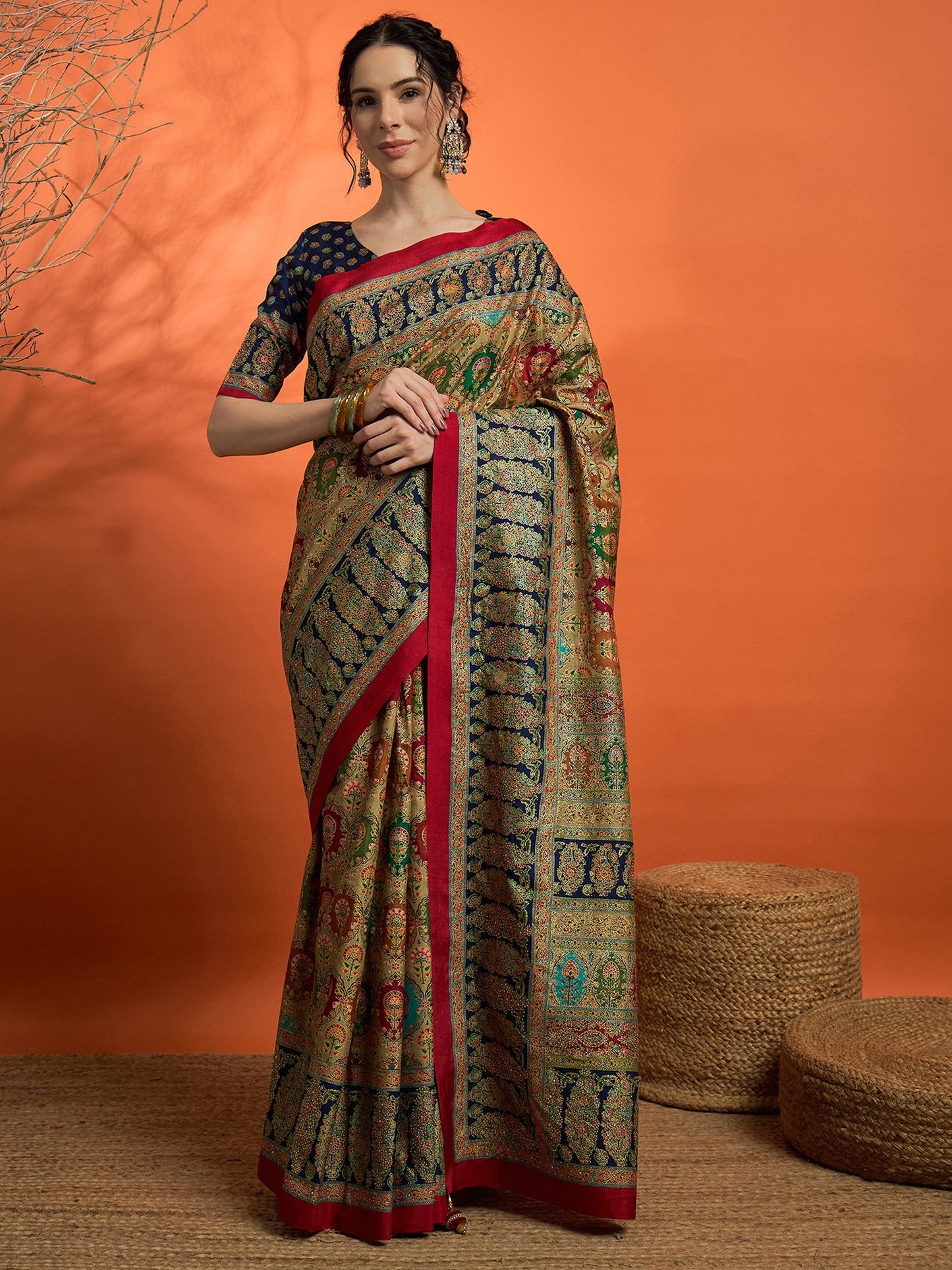 Blue Beige Banarasi Dola Silk Embellished Saree
