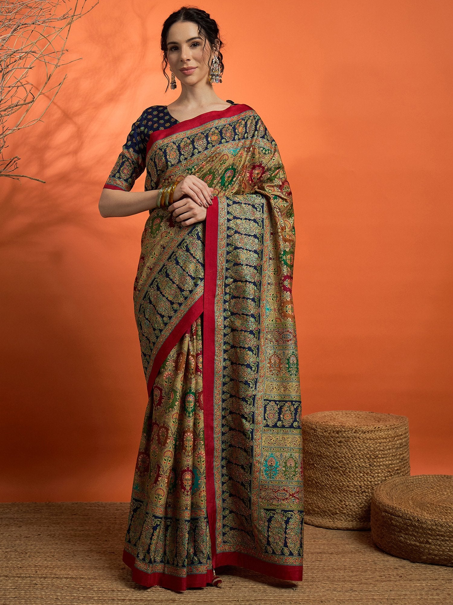 Blue Beige Banarasi Dola Silk Embellished Saree