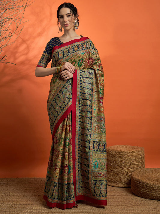 Blue Beige Banarasi Dola Silk Embellished Saree