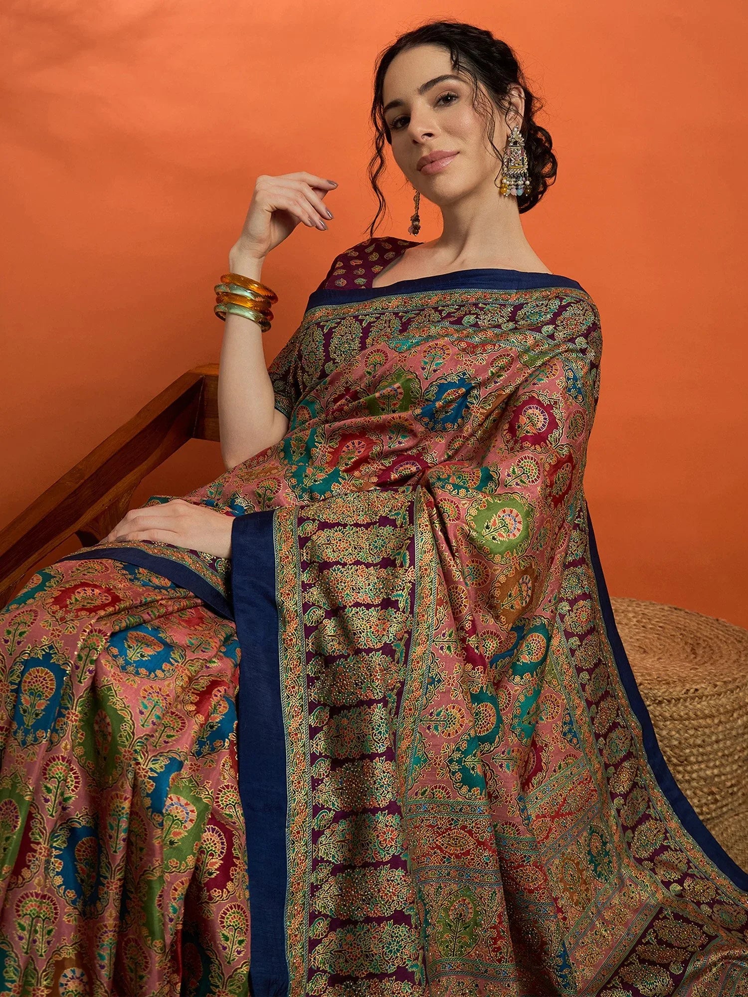 Navy Banarasi Dola Silk Embellished Saree - The Dori Store