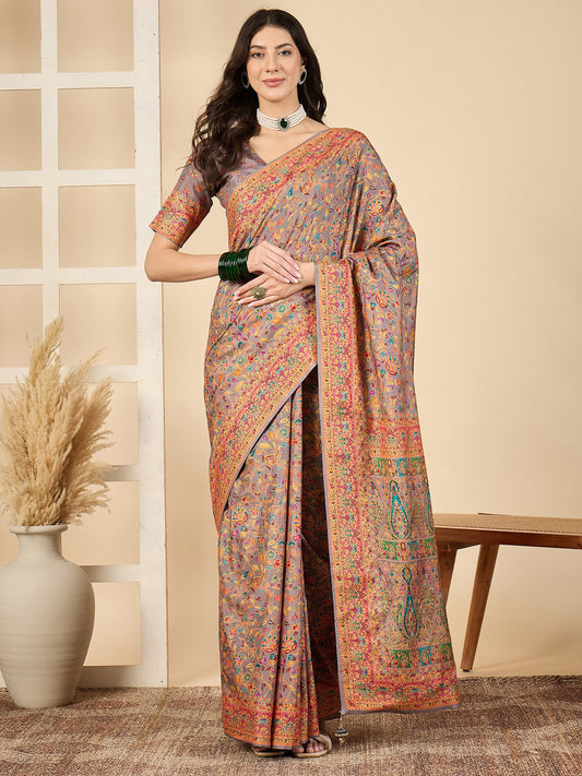 Grey Light Banarasi Dola Silk Woven Saree