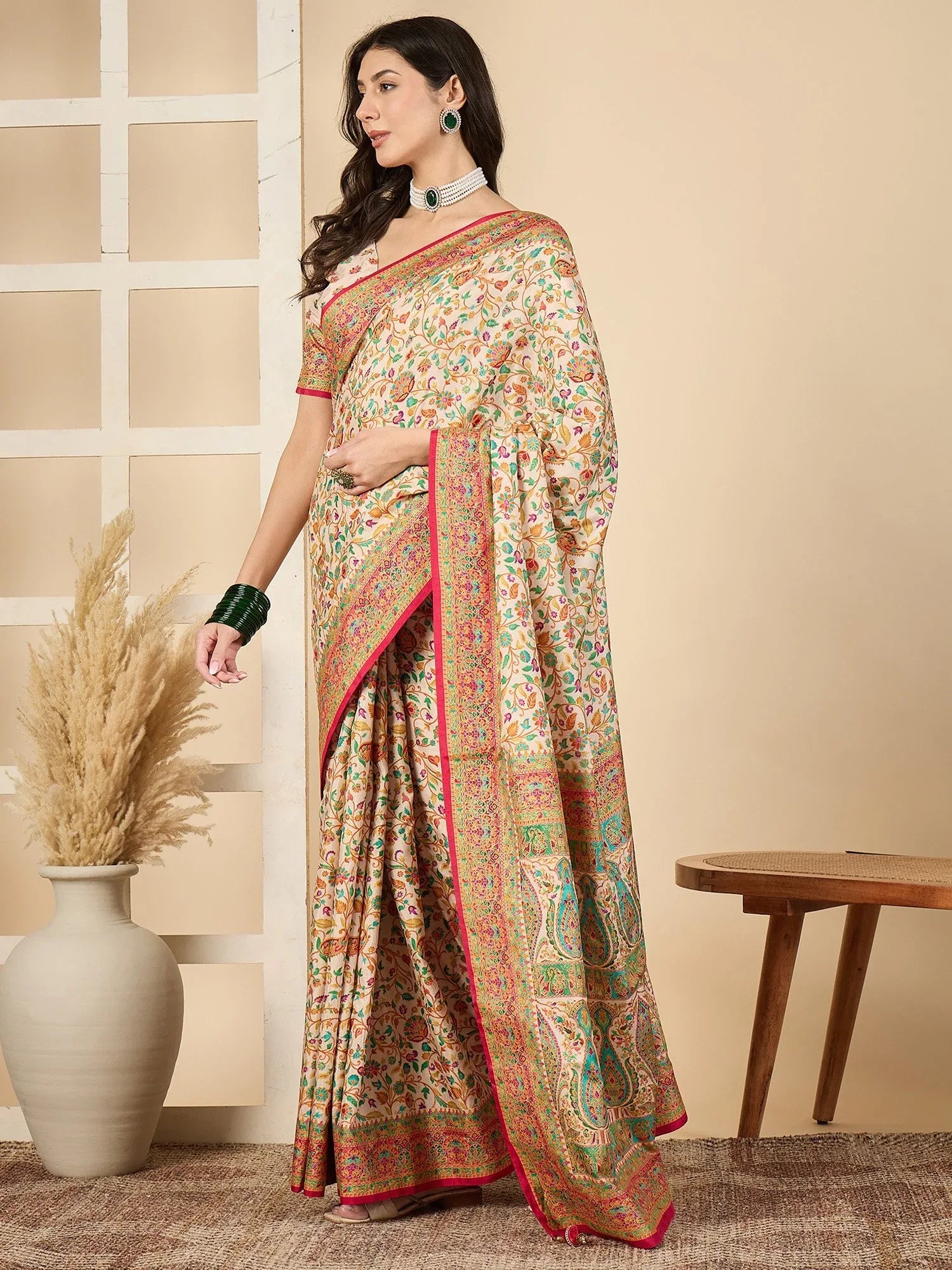 Cream Banarasi Dola Silk Woven Saree