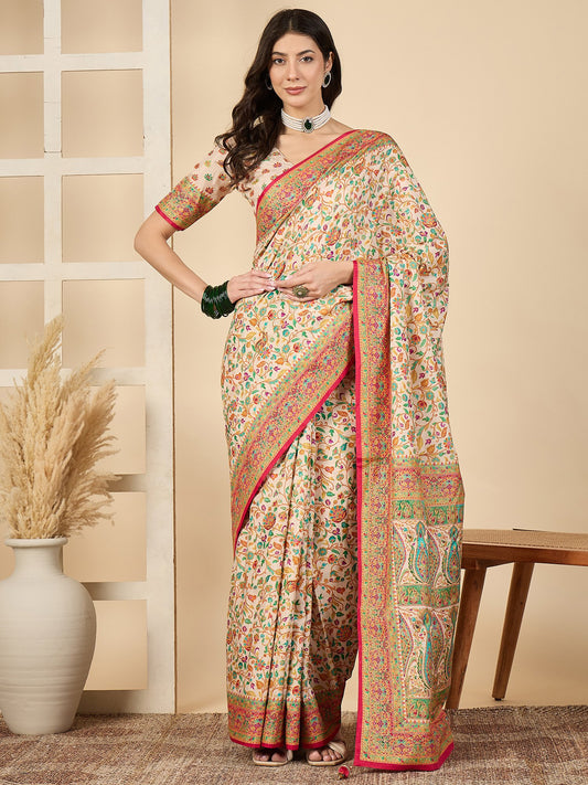 Cream Cream Banarasi Dola Silk Woven Saree