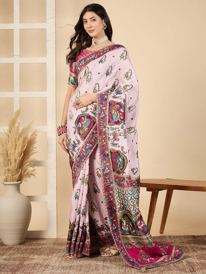 Pink Banarasi Viscose Silk Woven Saree