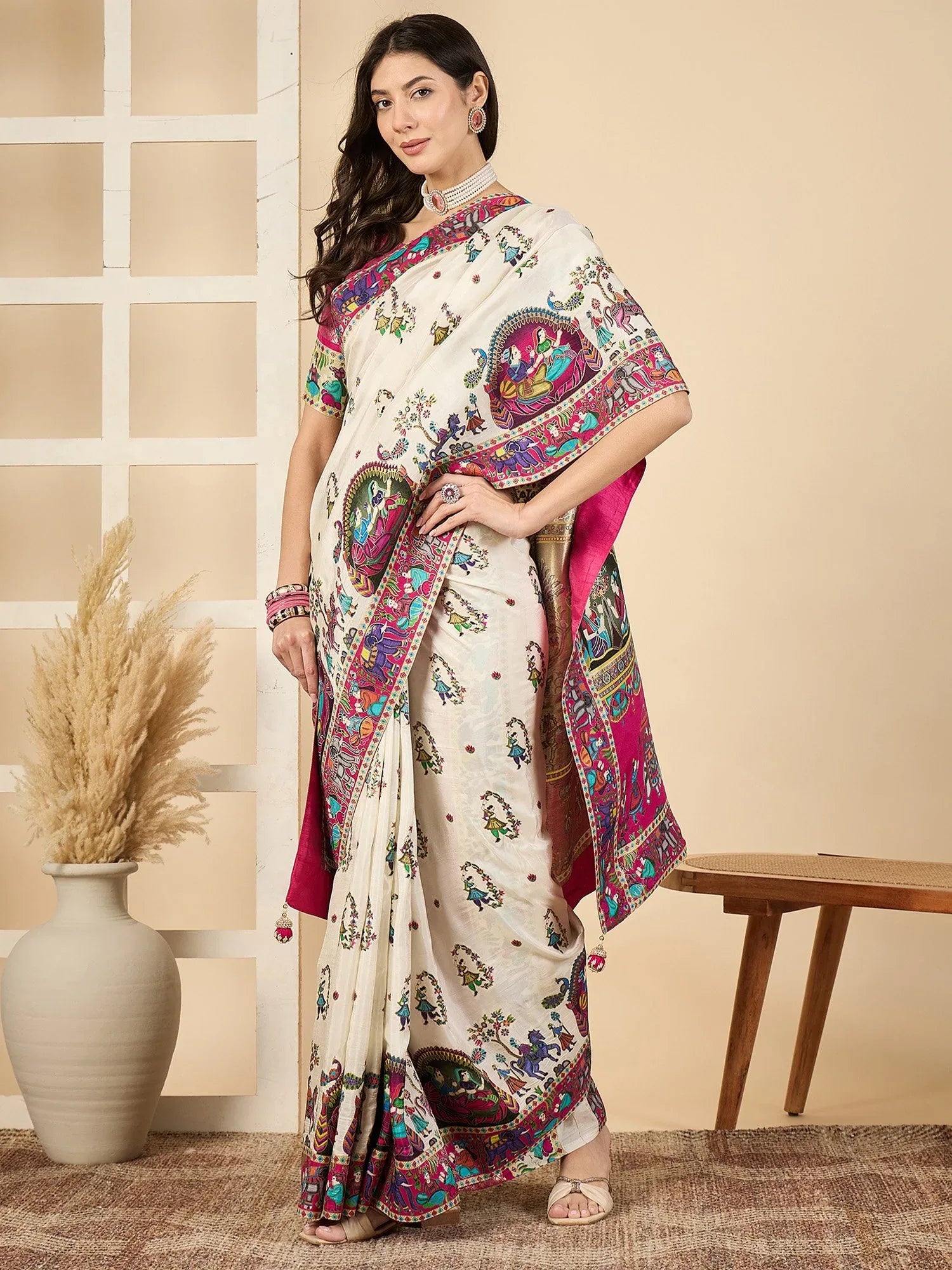 Off White Banarasi Viscose Silk Woven Saree