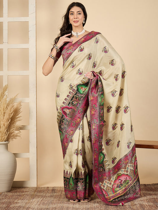 Cream Cream Banarasi Viscose Silk Woven Saree