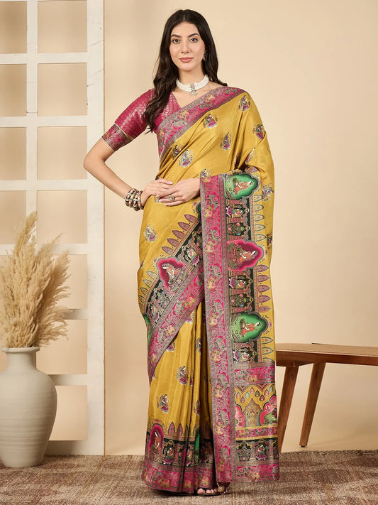 Yellow Mustard Banarasi Viscose Silk Woven Saree