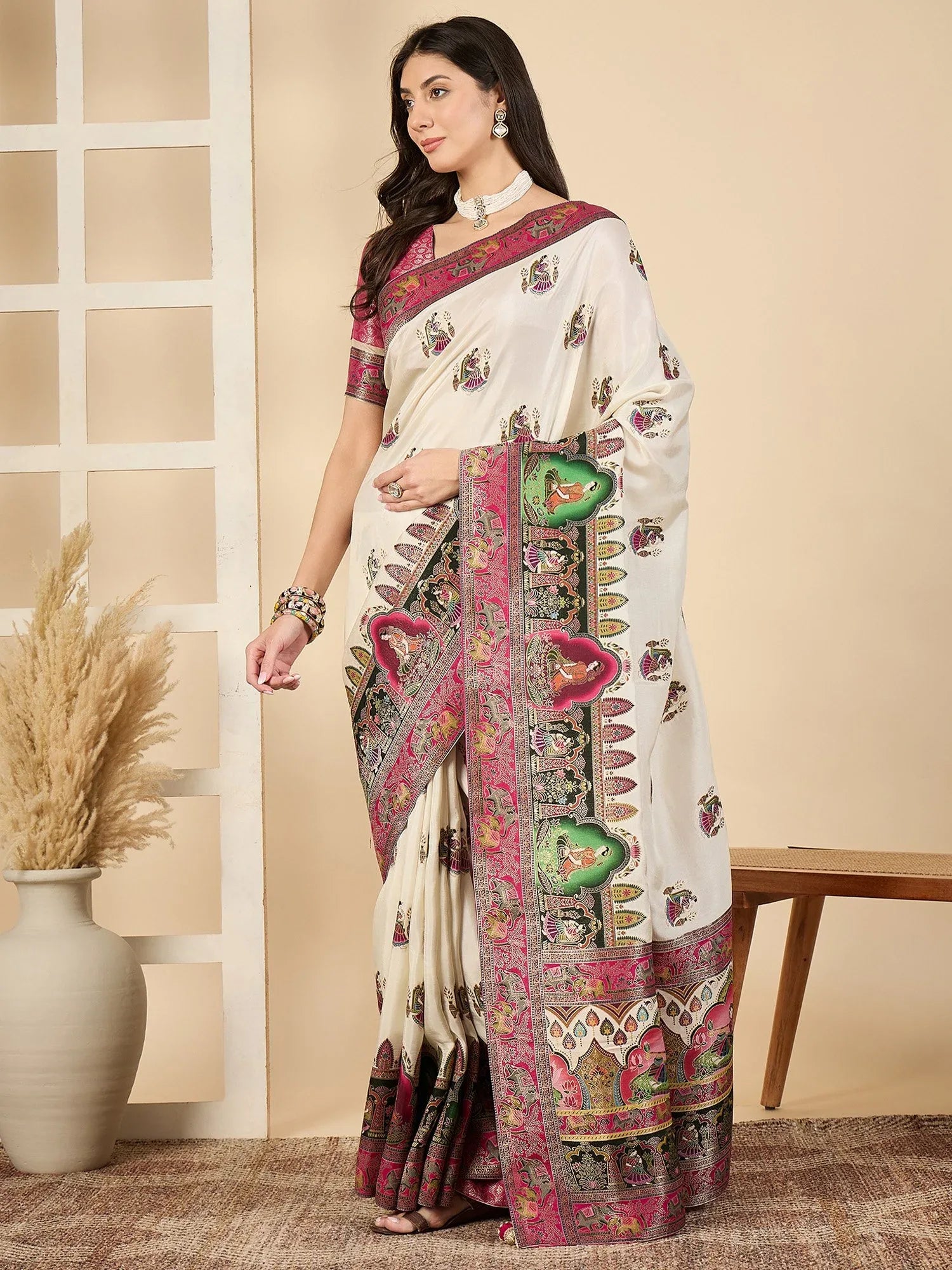 Cream Banarasi Viscose Silk Woven Saree