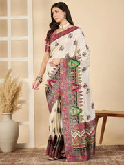 Cream Banarasi Viscose Silk Woven Saree