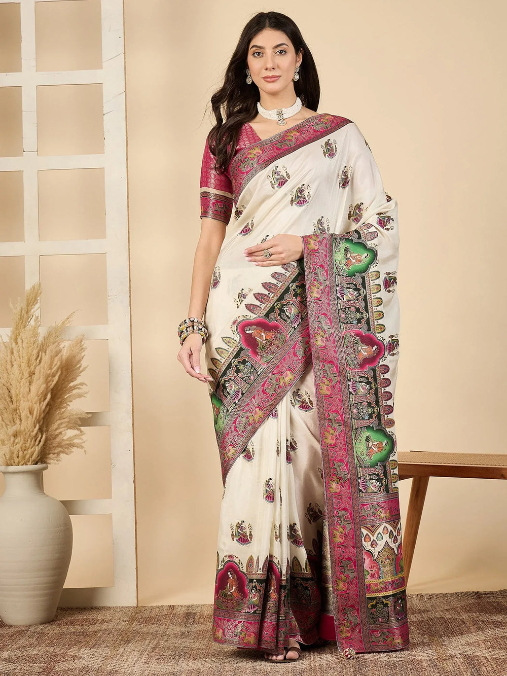 Cream Cream Banarasi Viscose Silk Woven Saree
