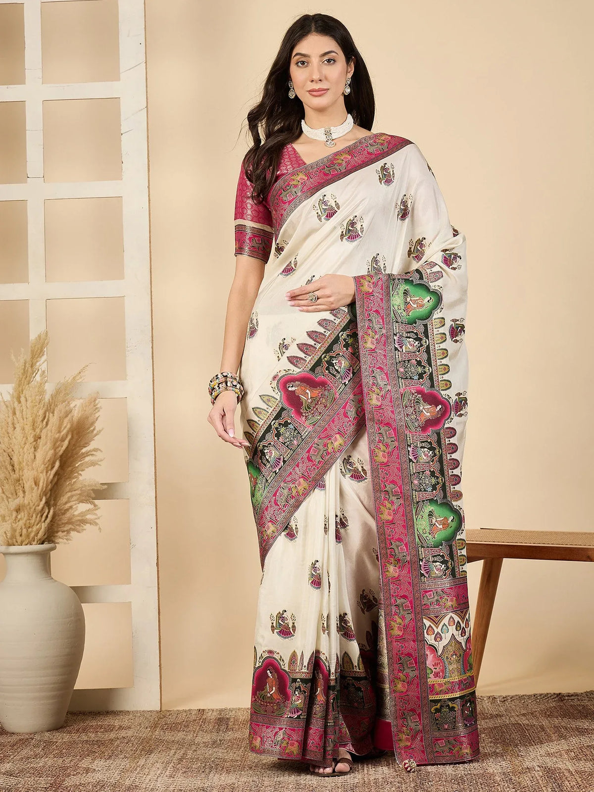 Cream Cream Banarasi Viscose Silk Woven Saree