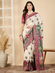 Cream Cream Banarasi Viscose Silk Woven Saree
