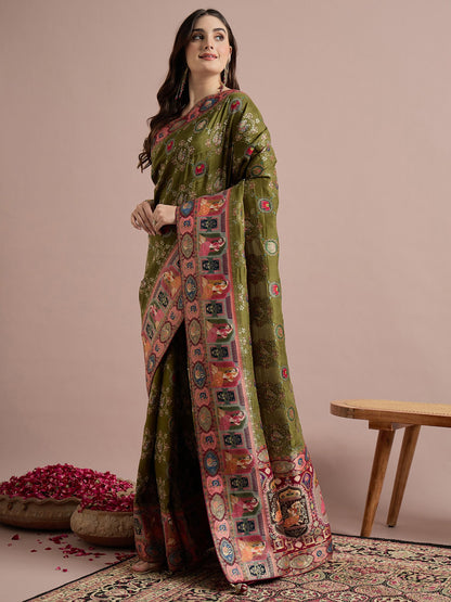 Olive Banarasi Viscose Silk Woven Saree