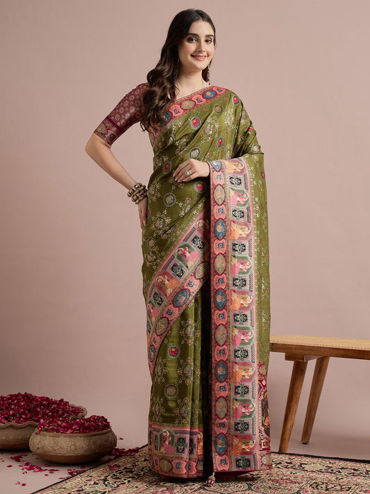 Green Olive Banarasi Viscose Silk Woven Saree
