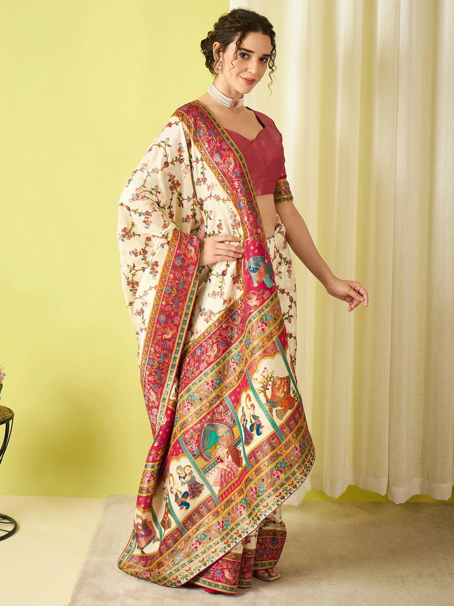 Cream Banarasi Viscose Silk Woven Saree