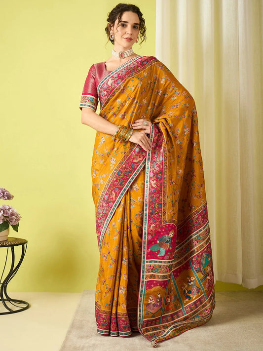 Yellow Mustard Banarasi Viscose Silk Woven Saree