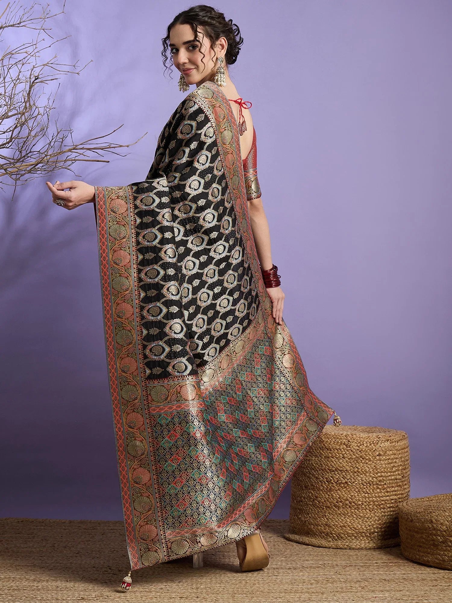 Black Banarasi Viscose Silk Woven Saree - The Dori Store