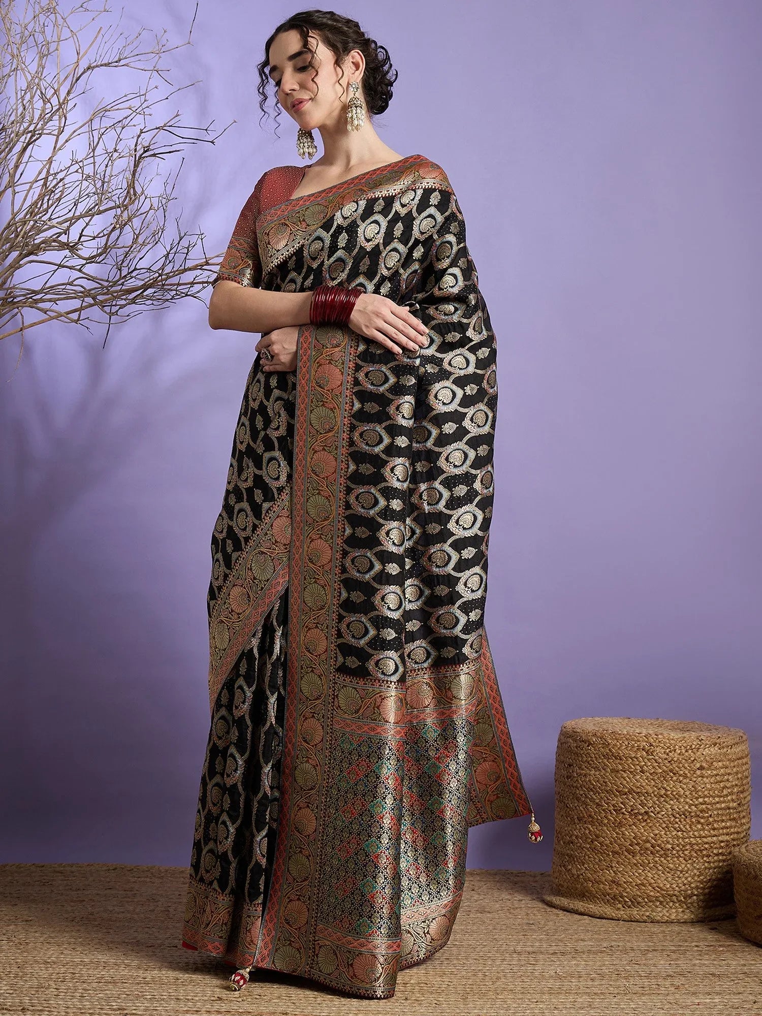 Black Banarasi Viscose Silk Woven Saree - The Dori Store