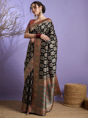 Black Banarasi Viscose Silk Woven Saree - The Dori Store