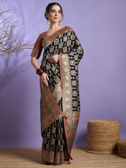 Black Black Banarasi Viscose Silk Woven Saree