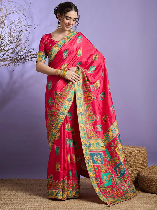 Pink Pink Banarasi Viscose Silk Woven Saree