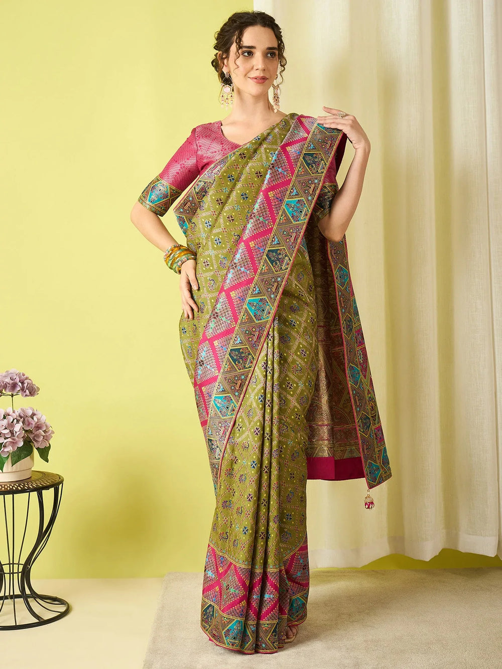 Green Olive Banarasi Viscose Silk Woven Saree