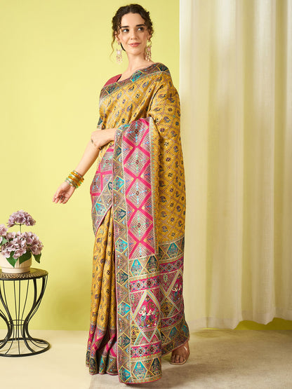 Mustard Banarasi Viscose Silk Woven Saree