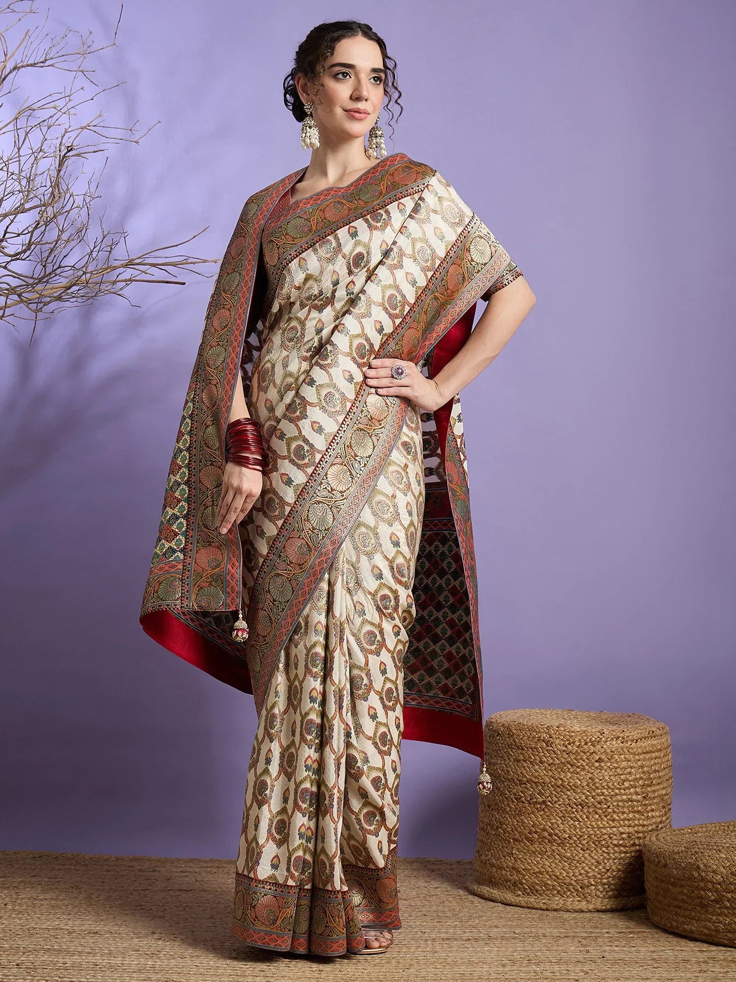 Cream Banarasi Viscose Silk Woven Saree