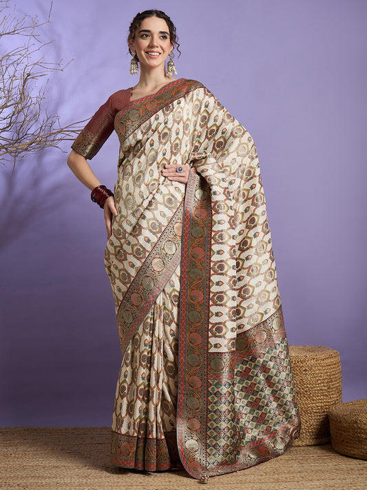 Cream Cream Banarasi Viscose Silk Woven Saree