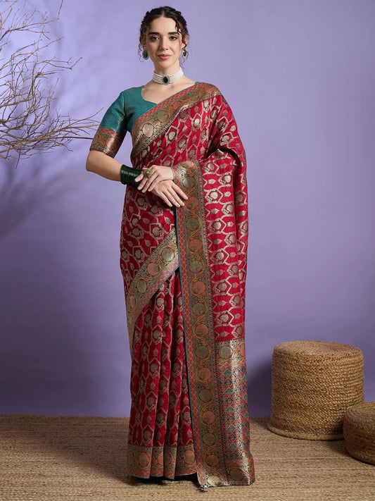 Maroon Maroon Banarasi Viscose Silk Woven Saree