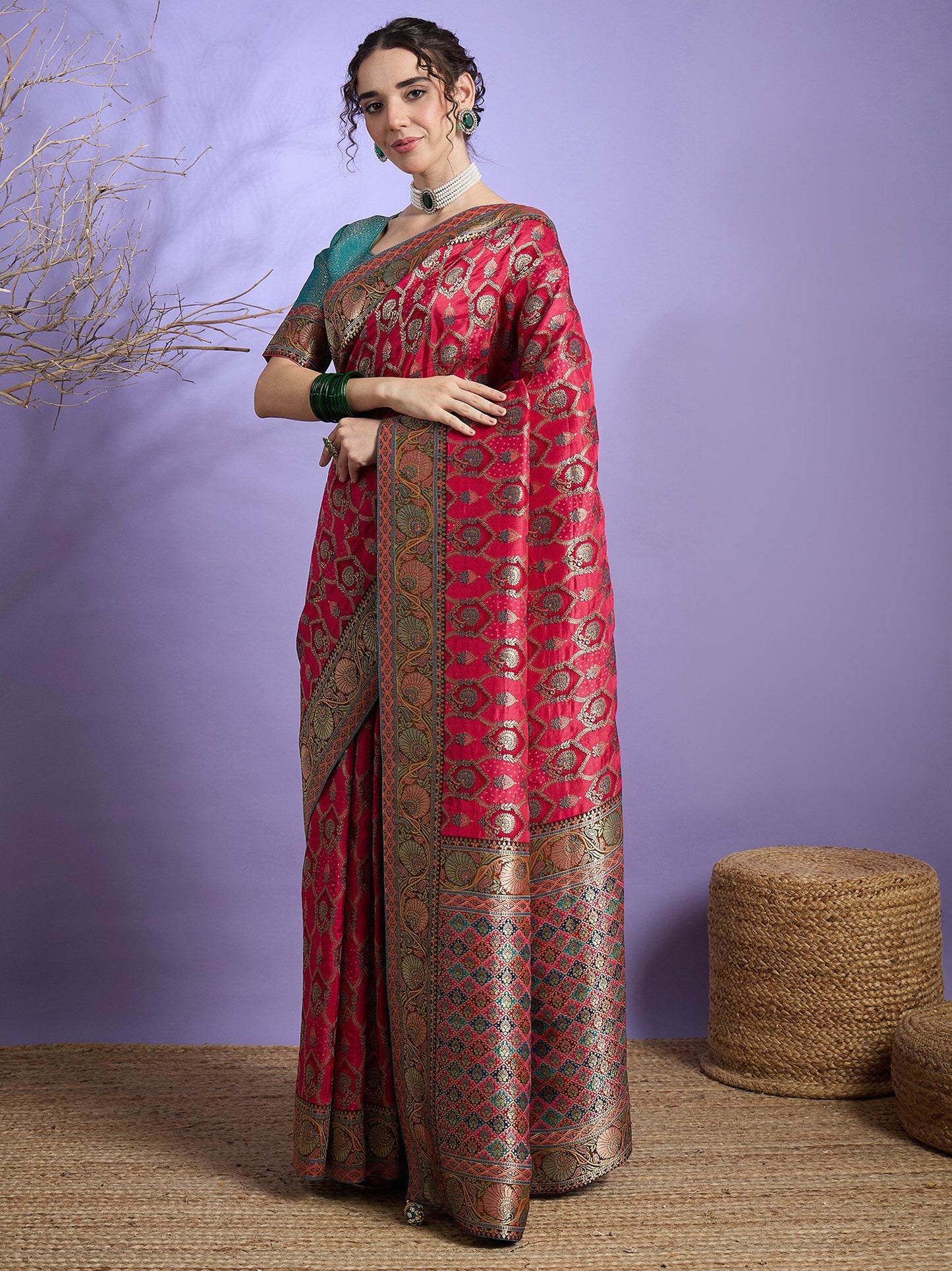 Pink Banarasi Viscose Silk Woven Saree