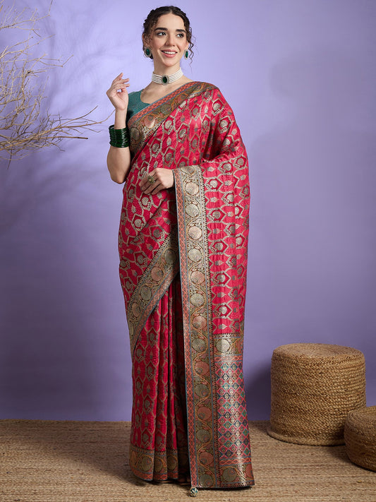 Pink Pink Banarasi Viscose Silk Woven Saree