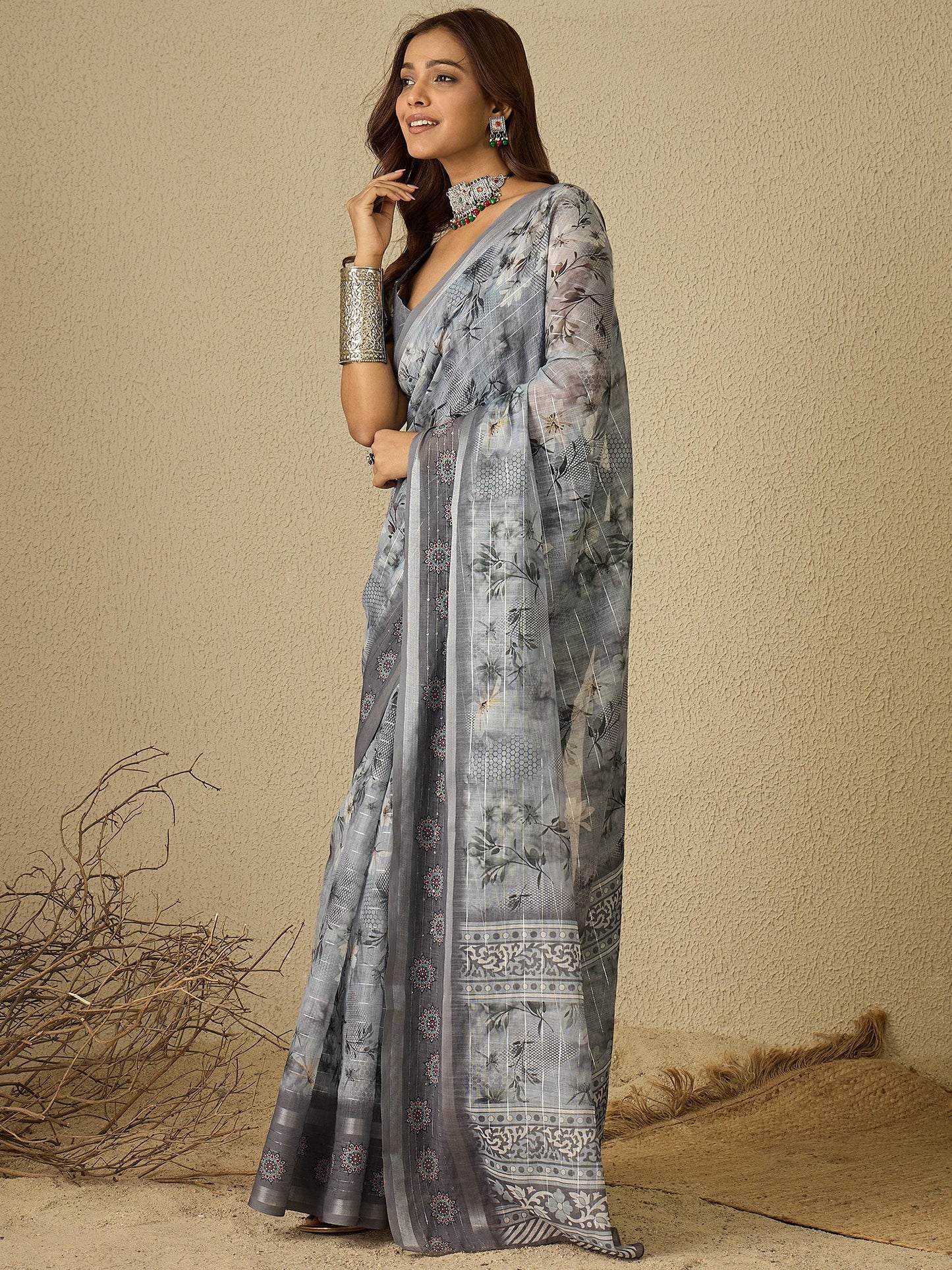 Grey Bagh Linen Digital Print Saree