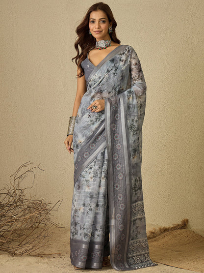 Grey Grey Bagh Linen Digital Print Saree