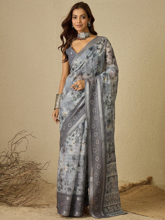 Grey Grey Bagh Linen Digital Print Saree