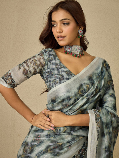 Grey Bagh Linen Digital Print Saree