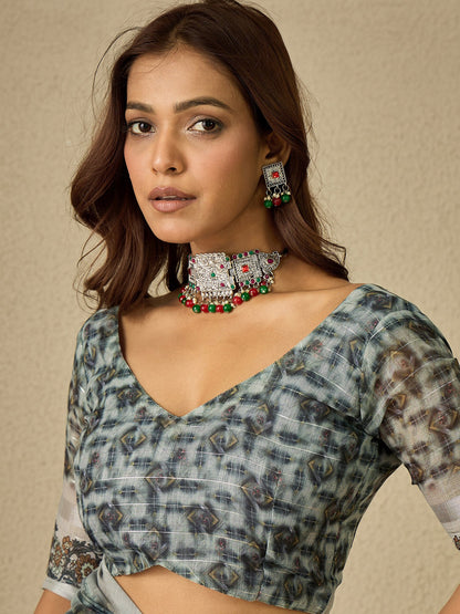 Grey Bagh Linen Digital Print Saree